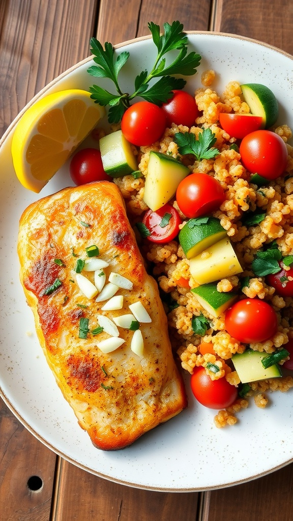 Lemon herb cod fillet with a colorful couscous salad on a rustic table.